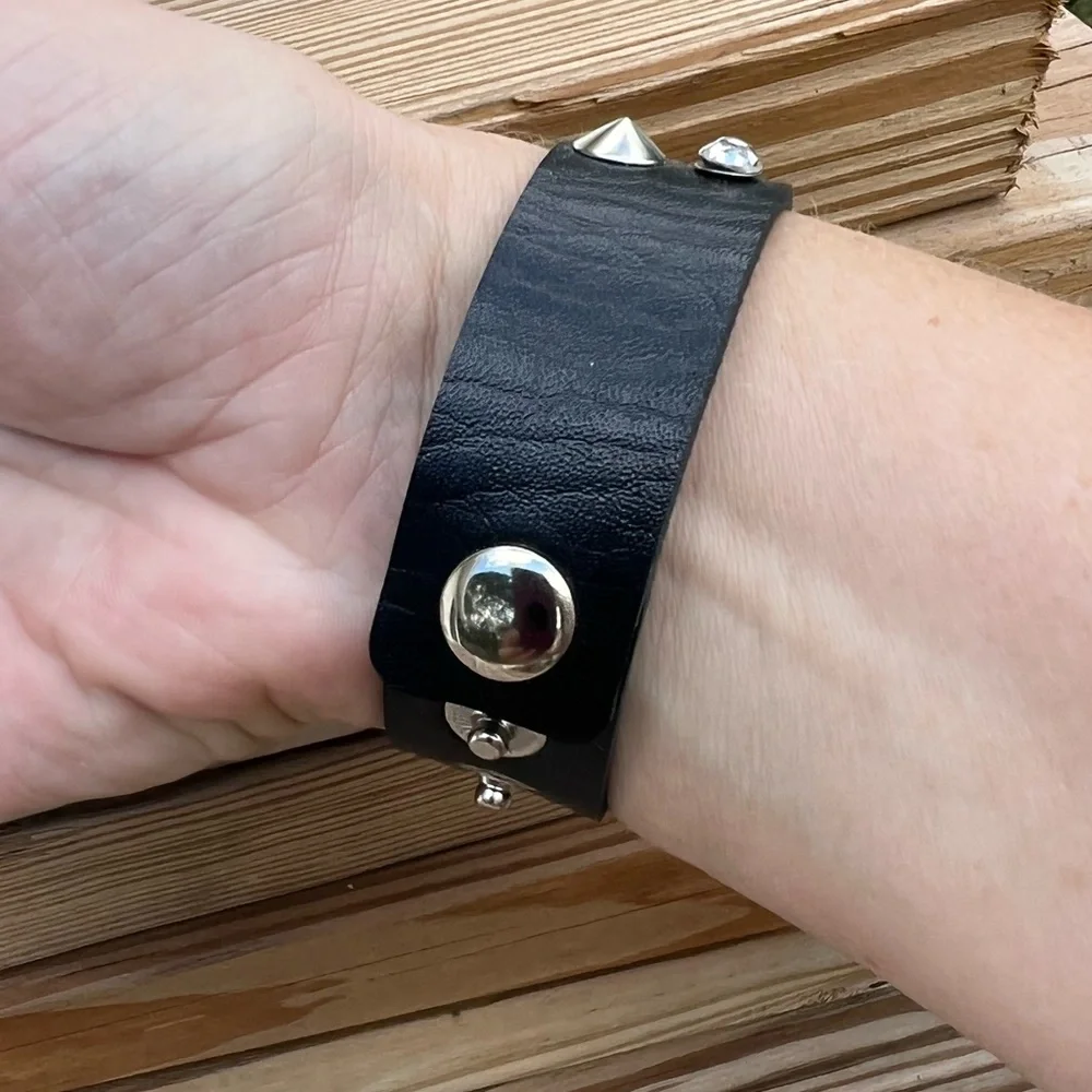 - Stud & Crystal Black Leather Cuff! NEW!